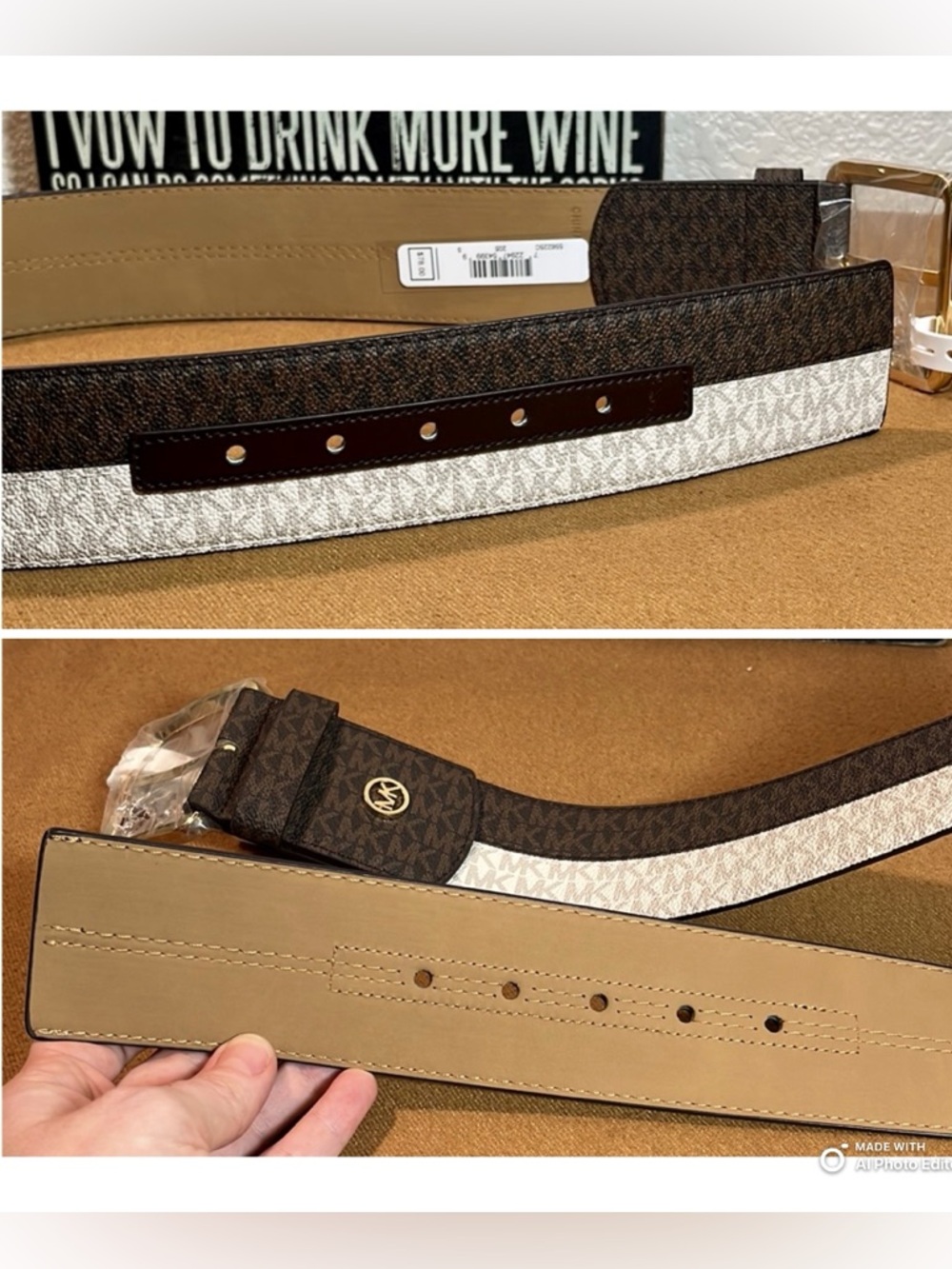 Michael Kors MK Monogram Logo Wide Belt Size Small NWT Neutral Colorblock 34" - Picture 6 of 7